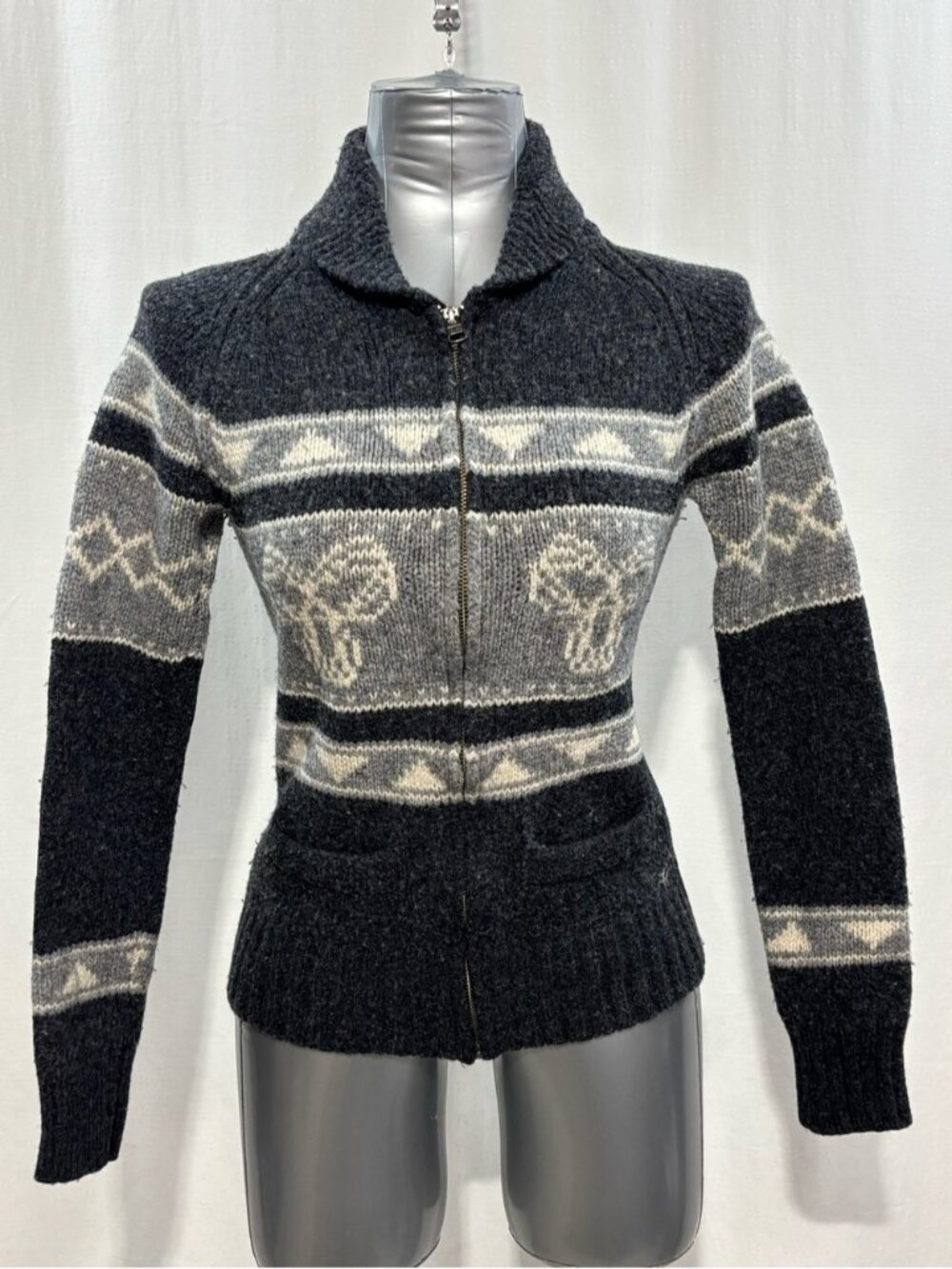 Aritzia TNA Sea to Sky 100% Lambswool Fair Isle Zip Cardigan Sweater Large - 531